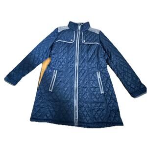 VINCE CAMUTO Women’s Navy Quilted Zip Up MIDI Jacket Coat Elbow Patches Size LG